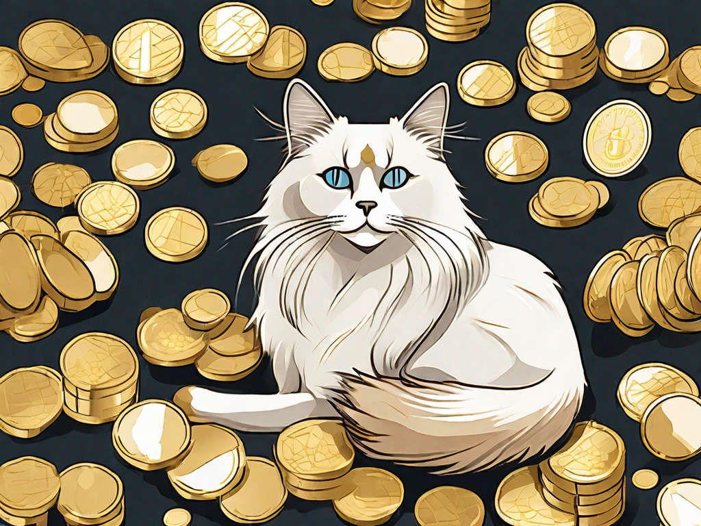 A well-groomed ragdoll cat sitting next to a pile of gold coins and a price tag